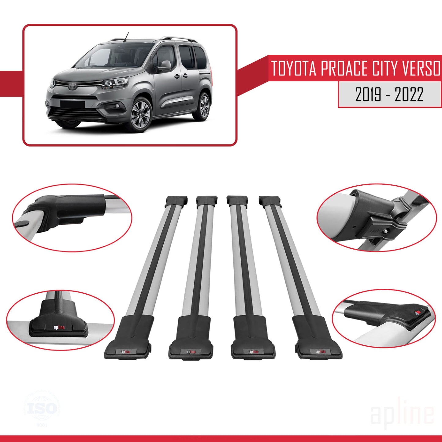 Compatible avec Toyota Proace City Verso 2019-2022 FLY Model Barres de Toit Railing Porte-Bagages de Voiture Gris Aluminium 4 Barres