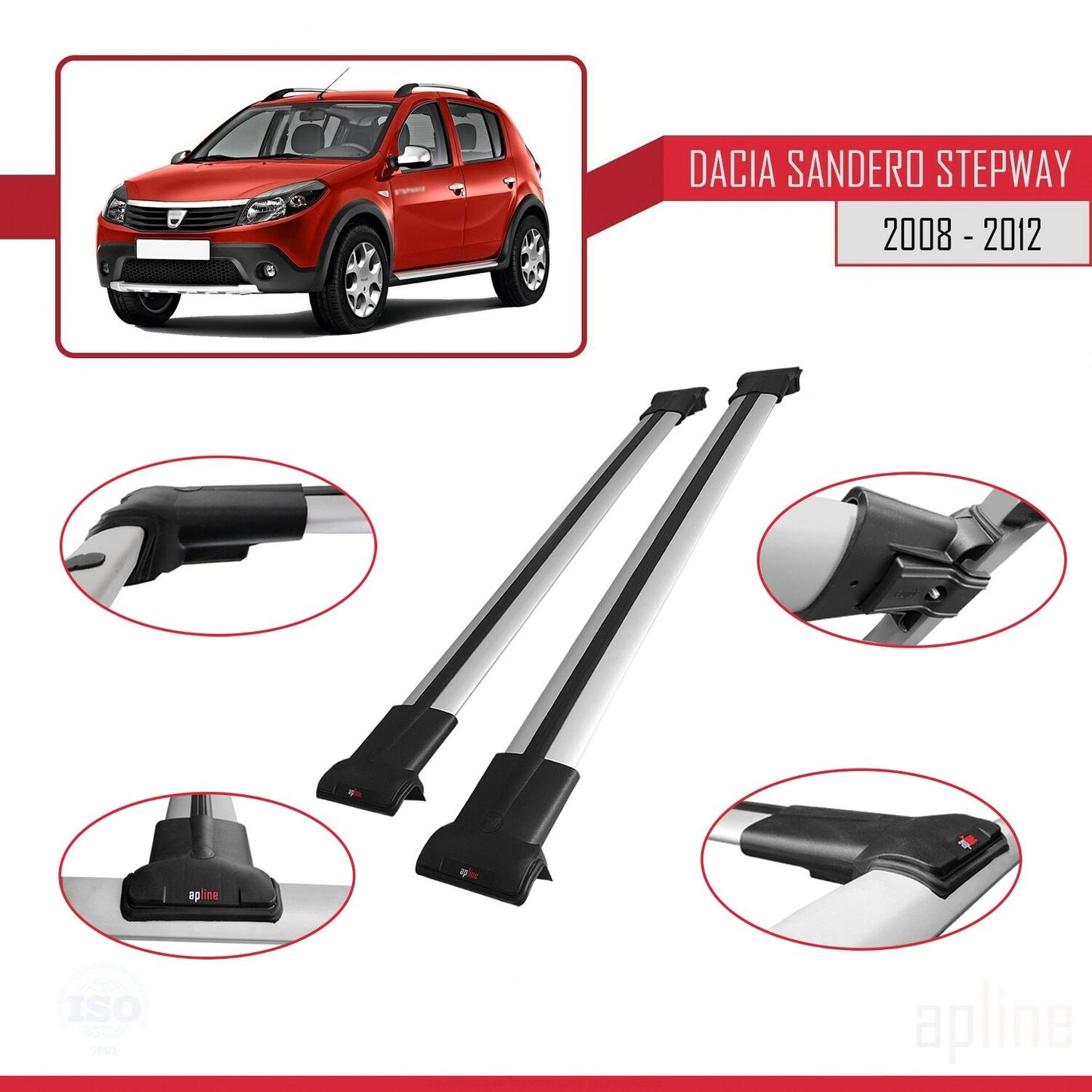 Compatible avec Dacia Sandero Stepway 2008-2012 FLY Model Barres de Toit Railing Porte-Bagages de Voiture Gris Aluminium 2 Barres