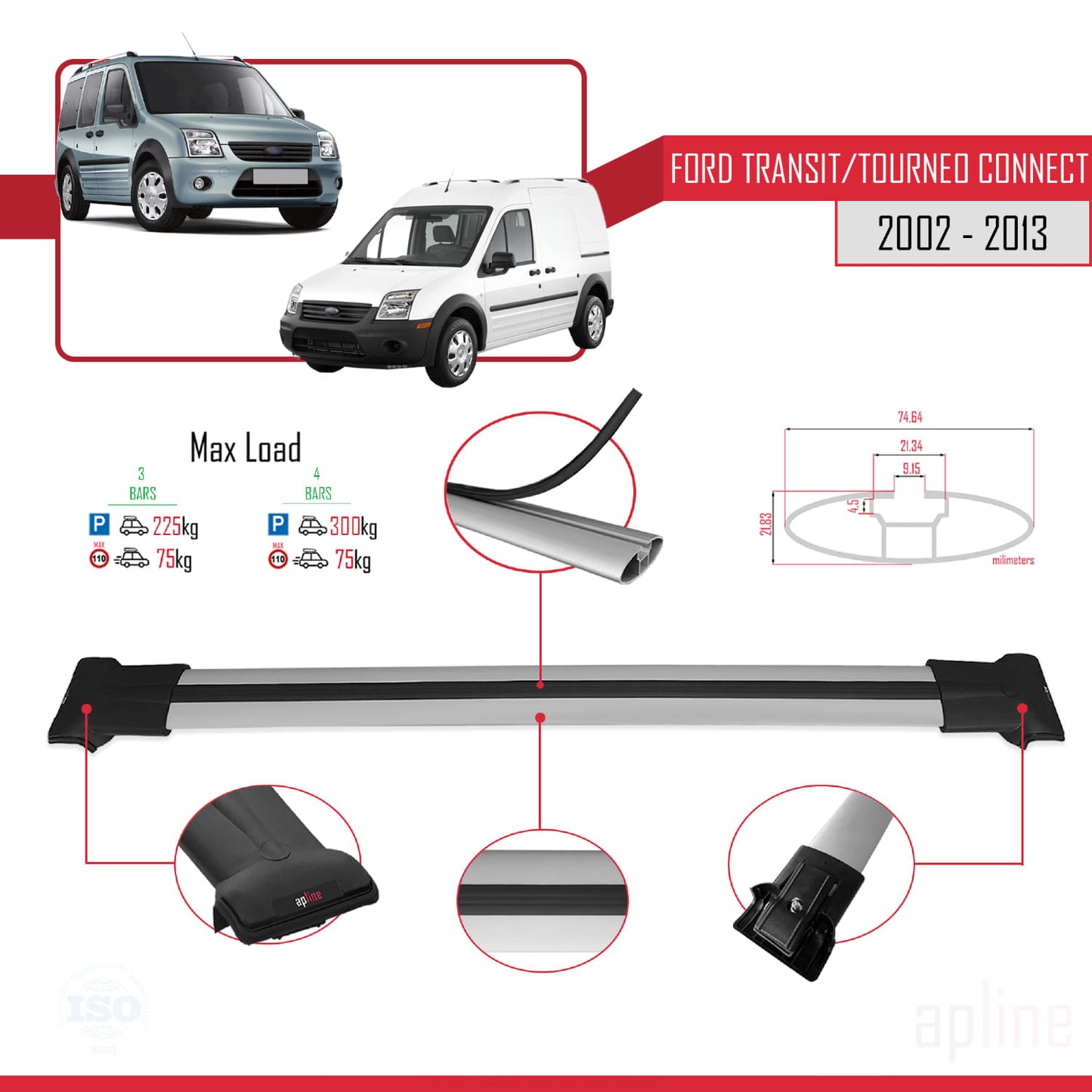 Compatible avec Ford Transit/Tourneo Connect 2002-2013 FLY Model Barres de Toit Railing Porte-Bagages de Voiture Gris Aluminium 3 Barres