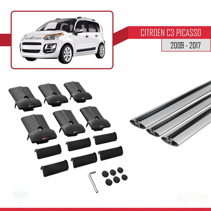 Compatible avec Citroen C3 Picasso 2009-2017 FLY Model Barres de Toit Railing Porte-Bagages de Voiture Gris Aluminium 3 Barres