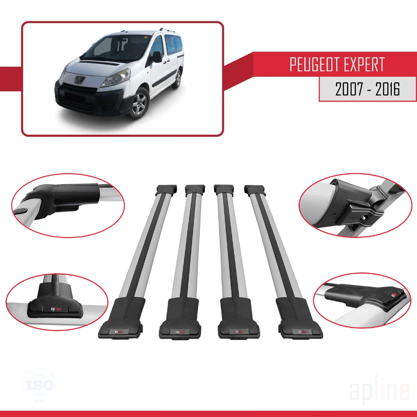 Compatible with Peugeot Expert 2 2007-2016 FLY Model Car Roof Rack Cross Bar Grey Aluminium 4 Bars