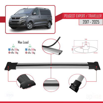 Compatible with Peugeot Expert 3 Traveller 2017-2025 FLY Model Car Roof Rack Cross Bar Grey Aluminium 3 Bars