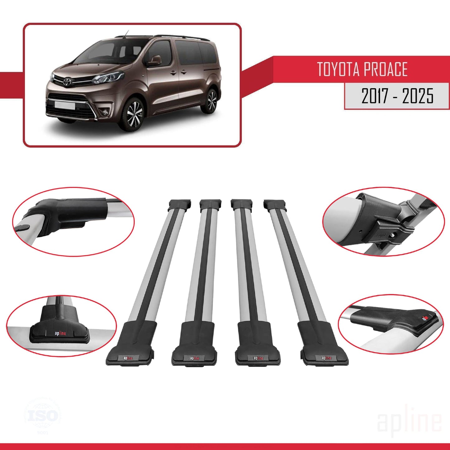 Compatible avec Toyota Proace 2017-2025 FLY Model Barres de Toit Railing Porte-Bagages de Voiture Gris Aluminium 4 Barres
