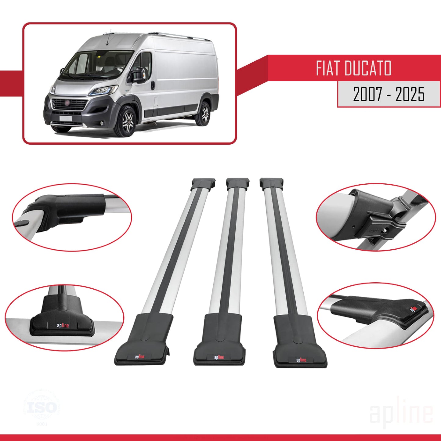 Compatible avec Fiat Ducato 3 2007-2025 FLY Model Barres de Toit Railing Porte-Bagages de Voiture Gris Aluminium 3 Barres