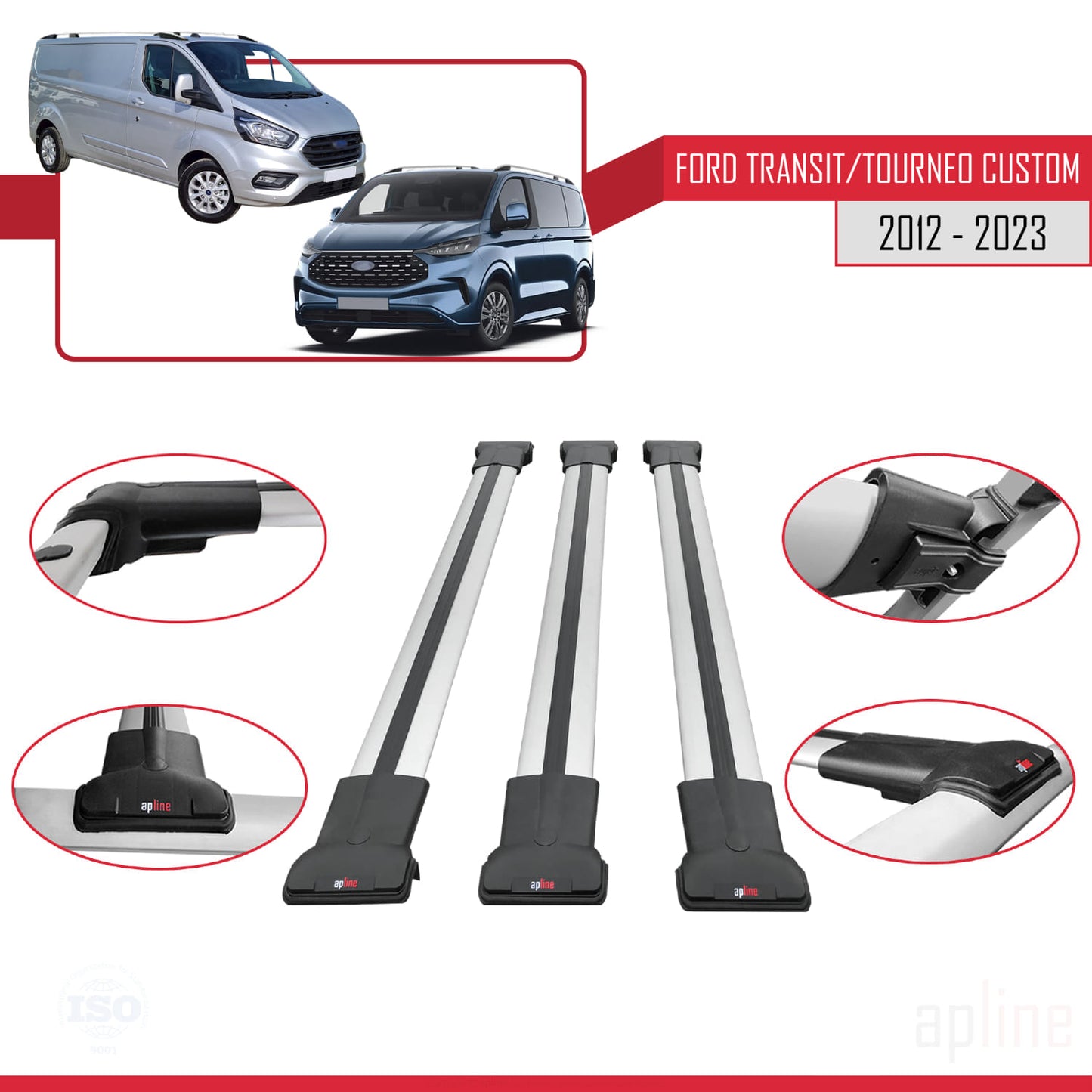 Compatible avec Ford Transit/Tourneo Custom 2012-2023 FLY Model Barres de Toit Railing Porte-Bagages de Voiture Gris Aluminium 3 Barres