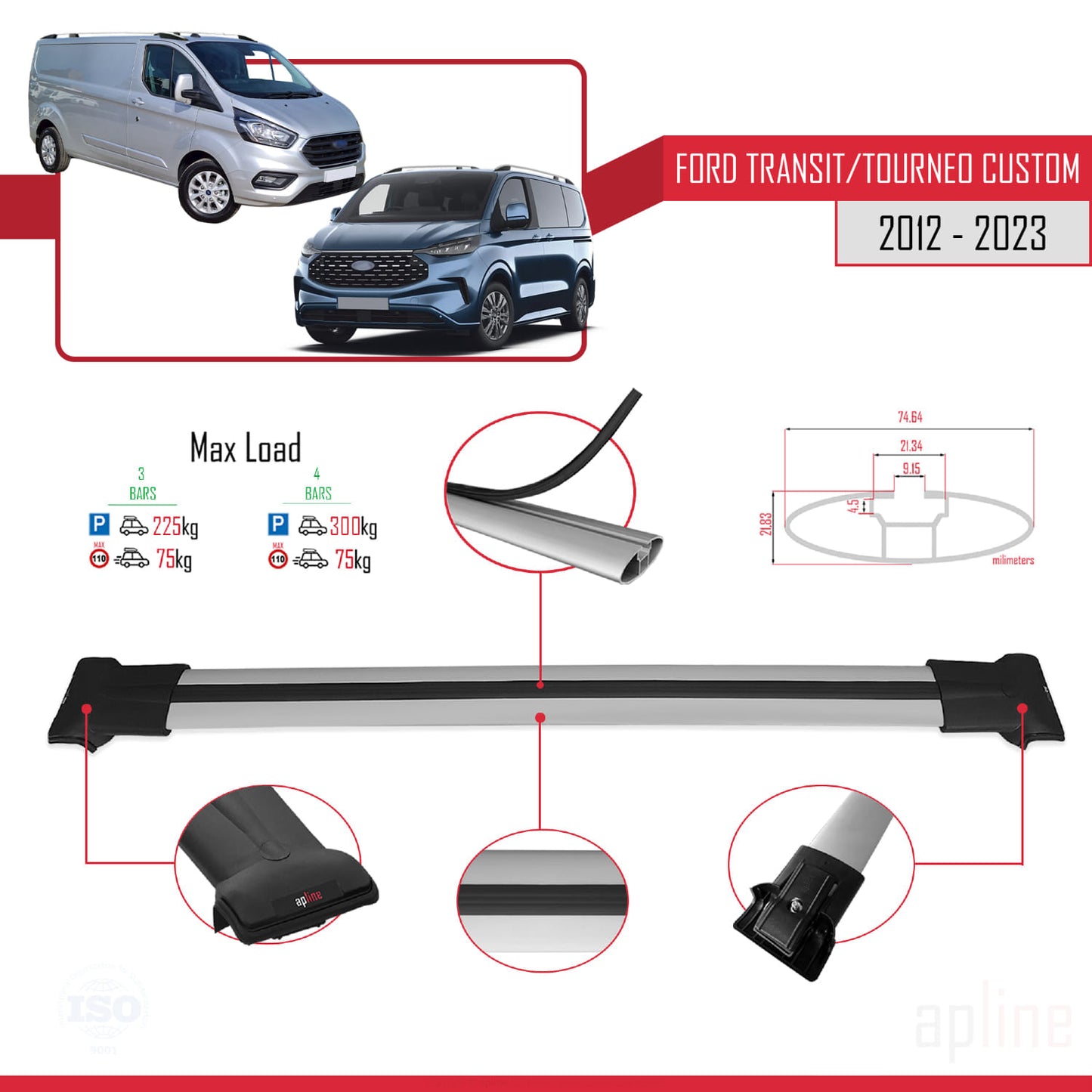 Compatible avec Ford Transit/Tourneo Custom 2012-2023 FLY Model Barres de Toit Railing Porte-Bagages de Voiture Gris Aluminium 4 Barres