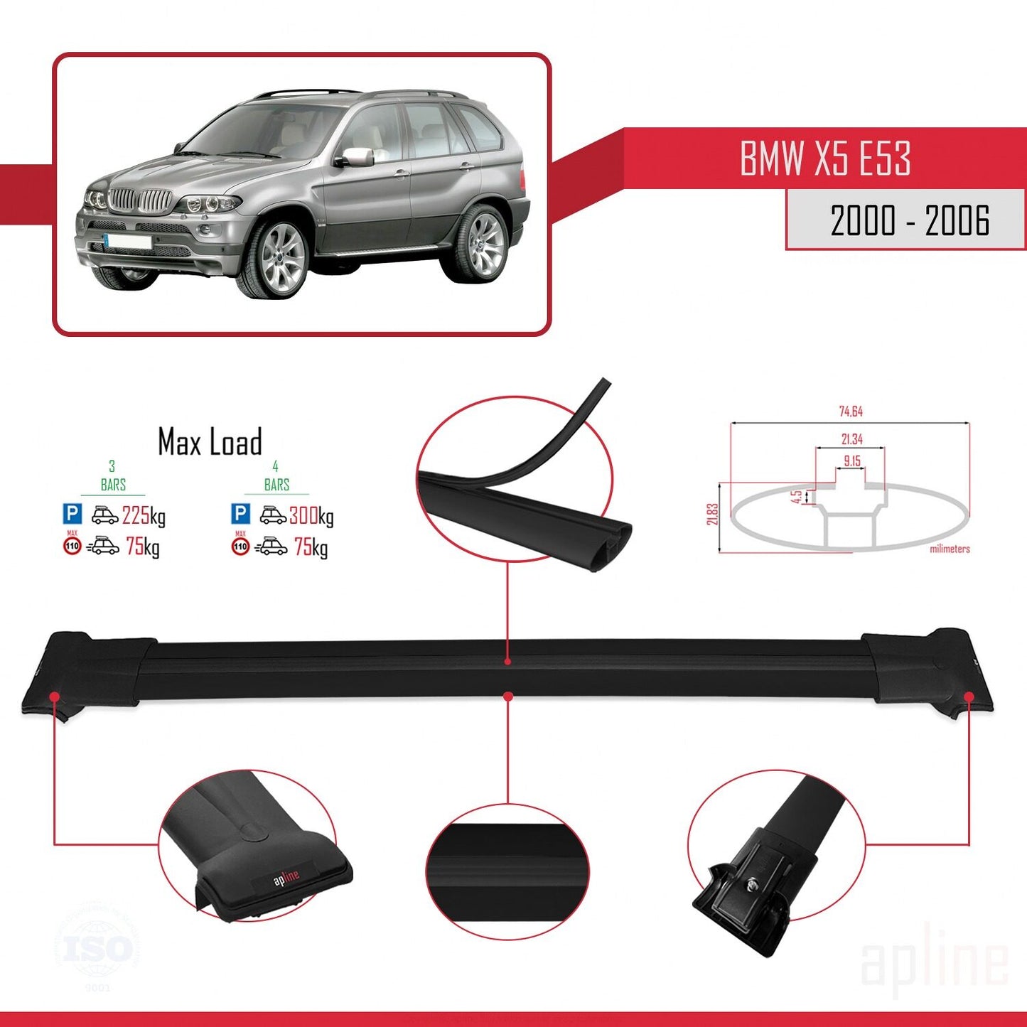 Compatible avec BMW X5 (E53) 2000-2006 FLY Model Barres de Toit Railing Porte-Bagages de Voiture Noir Aluminium 3 Barres
