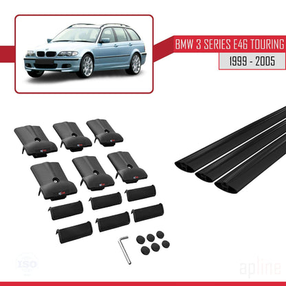 Compatible avec BMW Série 3 (E46) Touring 1999-2005 FLY Model Barres de Toit Railing Porte-Bagages de Voiture Noir Aluminium 3 Barres