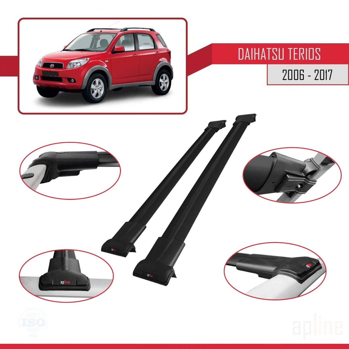 Compatible avec Daihatsu Terios 2 (J200) 2006-2017 FLY Model Barres de Toit Railing Porte-Bagages de Voiture Noir Aluminium 2 Barres