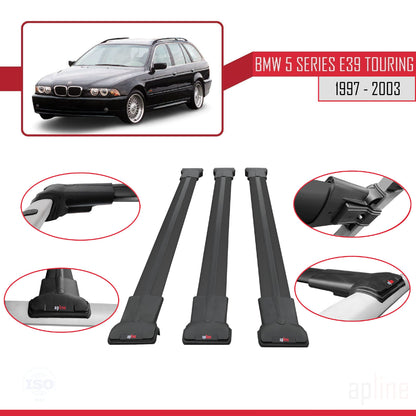 Compatible avec BMW Série 5 (E39) Touring 1997-2003 FLY Model Barres de Toit Railing Porte-Bagages de Voiture Noir Aluminium 3 Barres
