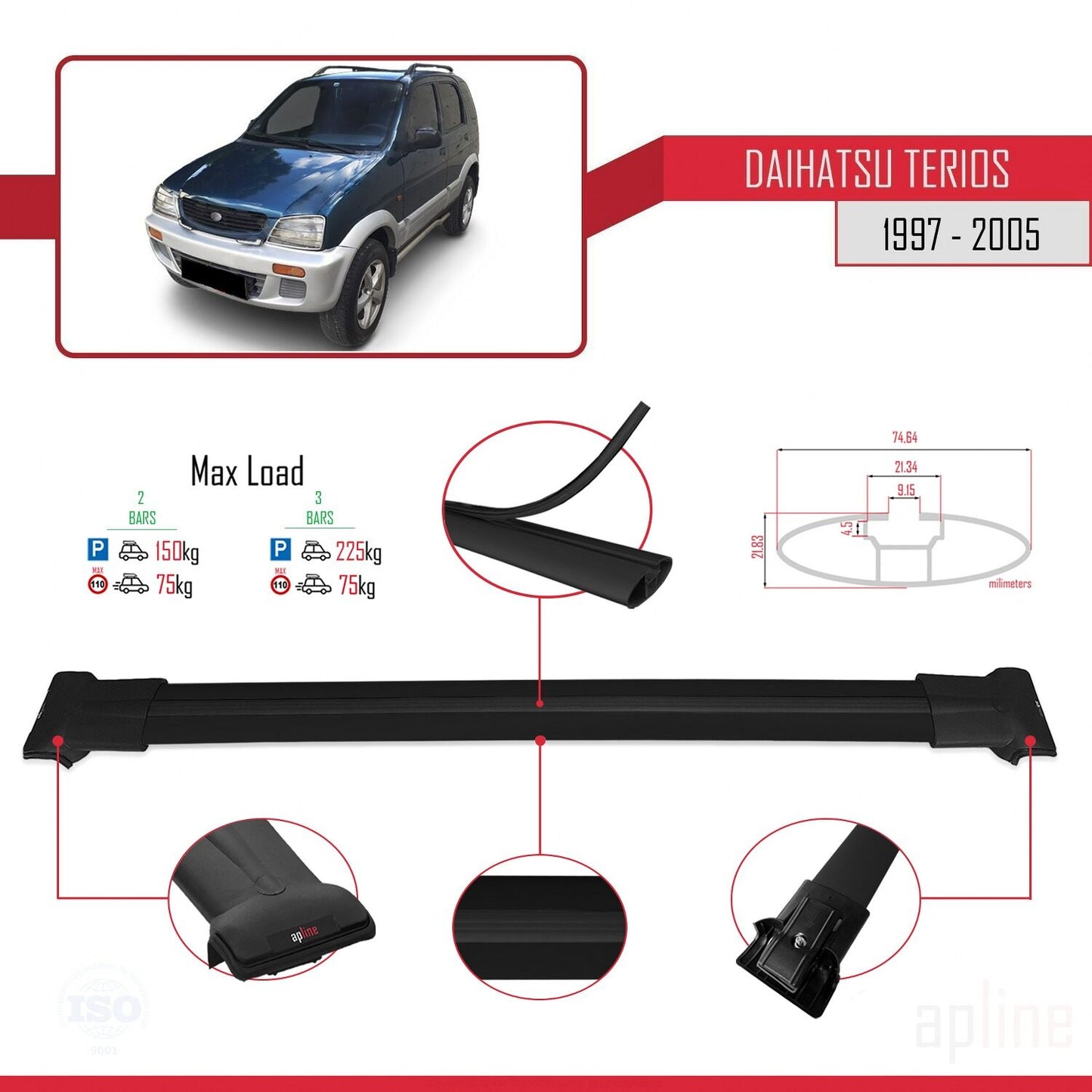 Compatible avec Daihatsu Terios (J100) 1997-2005 FLY Model Barres de Toit Railing Porte-Bagages de Voiture Noir Aluminium 2 Barres