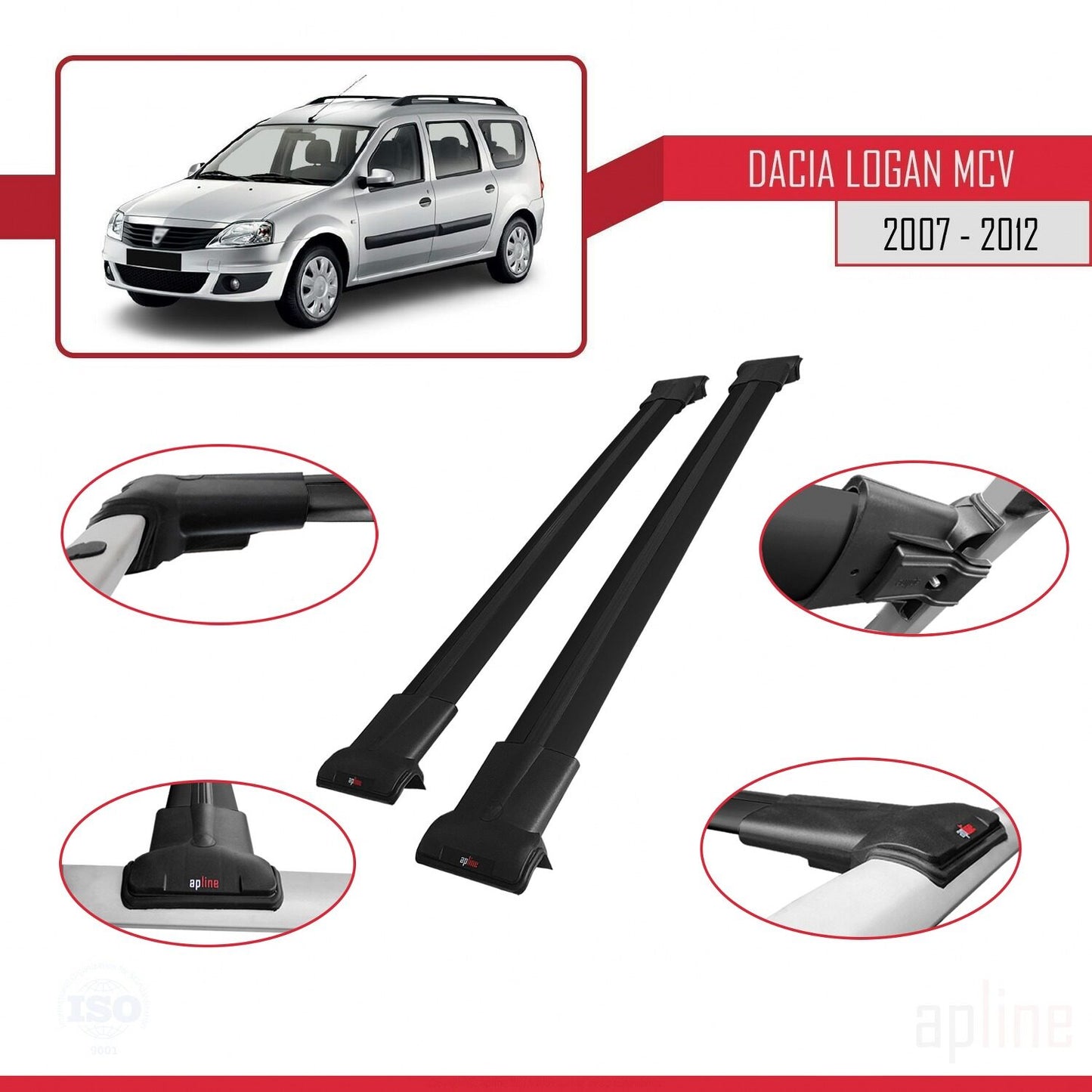 Compatible avec Dacia Logan 2 MCV (K52) 2007-2012 FLY Model Barres de Toit Railing Porte-Bagages de Voiture Noir Aluminium 2 Barres