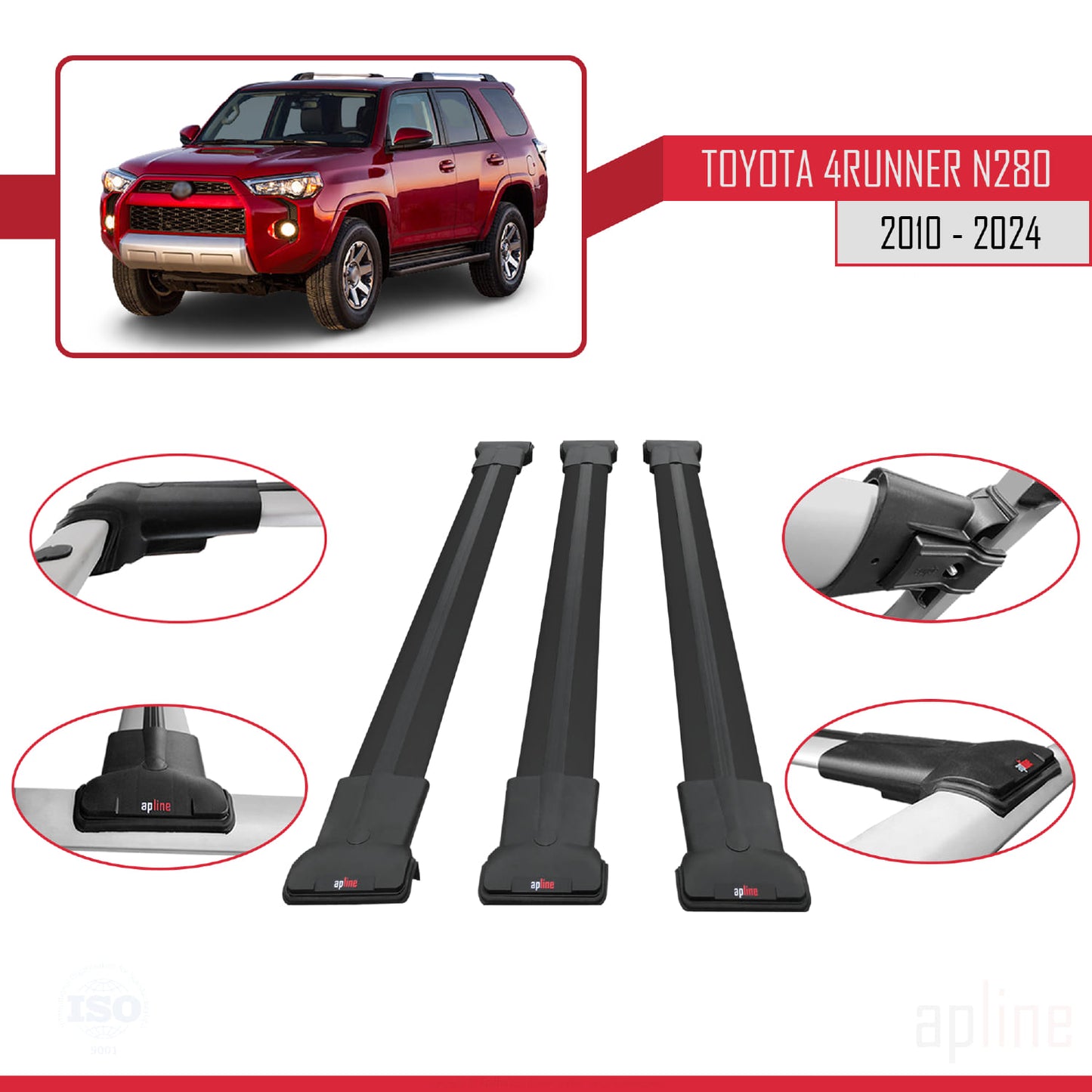 Compatible avec Toyota 4Runner (N280) 2010-2024 FLY Model Barres de Toit Railing Porte-Bagages de Voiture Noir Aluminium 3 Barres