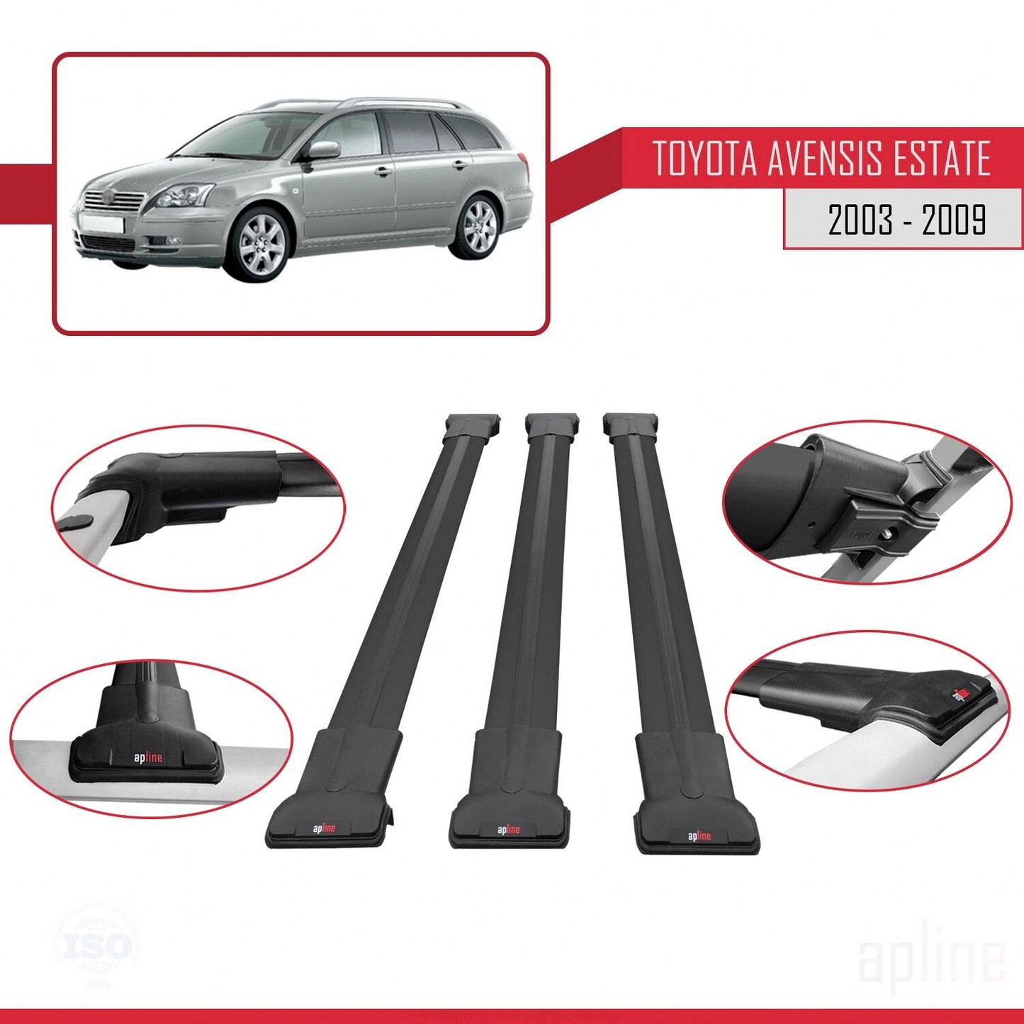 Compatible avec Toyota Avensis Break 2003-2009 FLY Model Barres de Toit Railing Porte-Bagages de Voiture Noir Aluminium 3 Barres