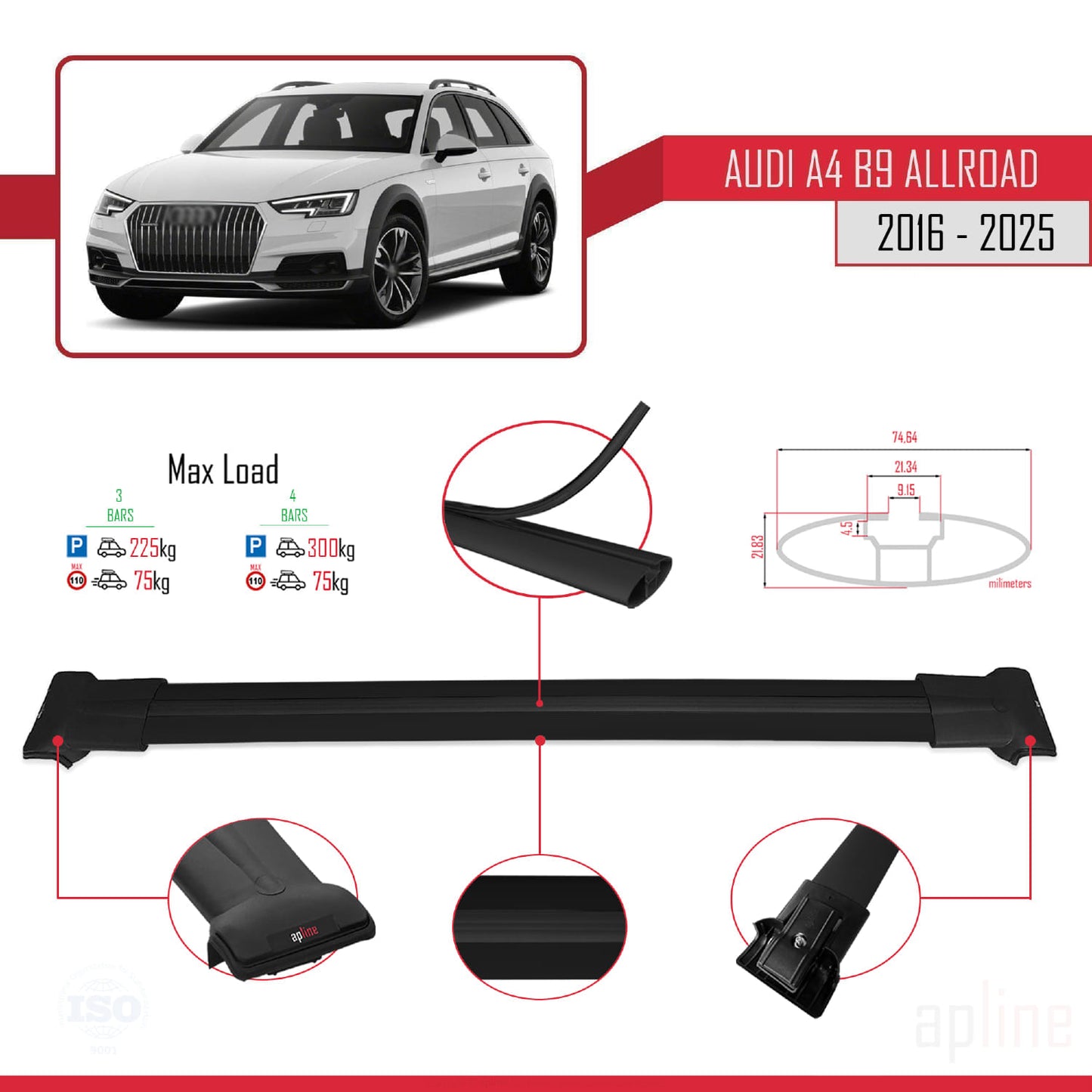 Compatible avec A4 (B9) Allroad 2016-2025 FLY Model Barres de Toit Railing Porte-Bagages de Voiture Noir Aluminium 3 Barres