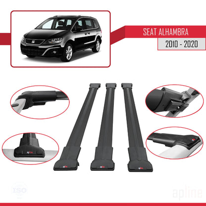 Compatible avec Seat Alhambra 2 (7N) 2010-2020 FLY Model Barres de Toit Railing Porte-Bagages de Voiture Noir Aluminium 3 Barres