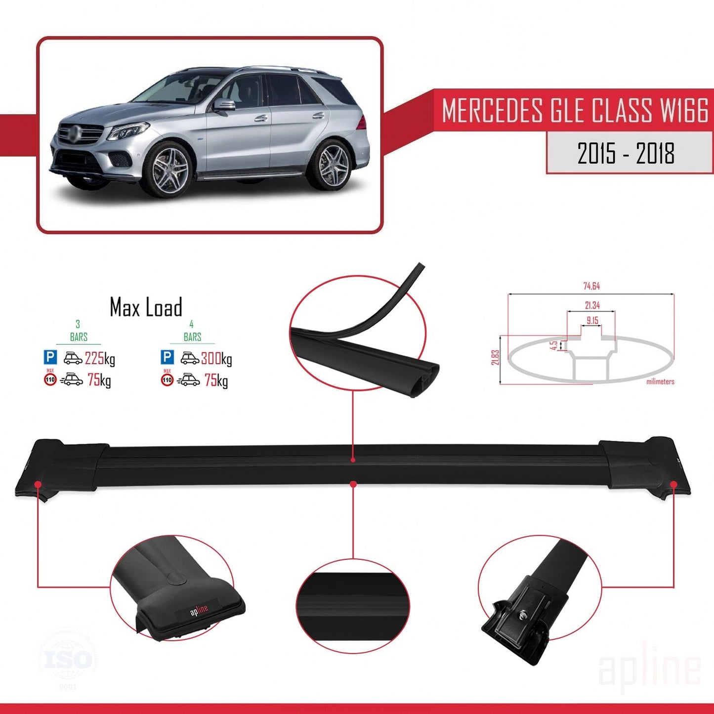 Compatible avec Mercedes Classe GLE 3 (W166) 2015-2018 FLY Model Barres de Toit Railing Porte-Bagages de Voiture Noir Aluminium 3 Barres
