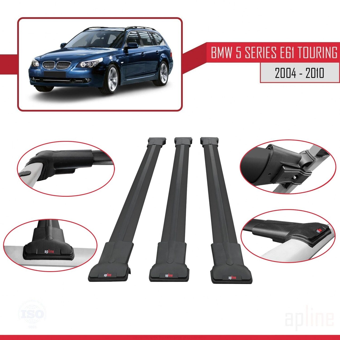 Compatible avec BMW Série 5 (E61) Touring 2004-2010 FLY Model Barres de Toit Railing Porte-Bagages de Voiture Noir Aluminium 3 Barres