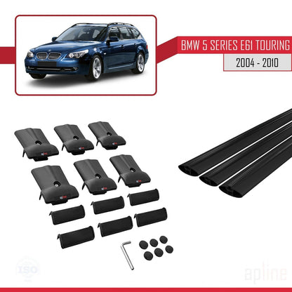Compatible avec BMW Série 5 (E61) Touring 2004-2010 FLY Model Barres de Toit Railing Porte-Bagages de Voiture Noir Aluminium 3 Barres