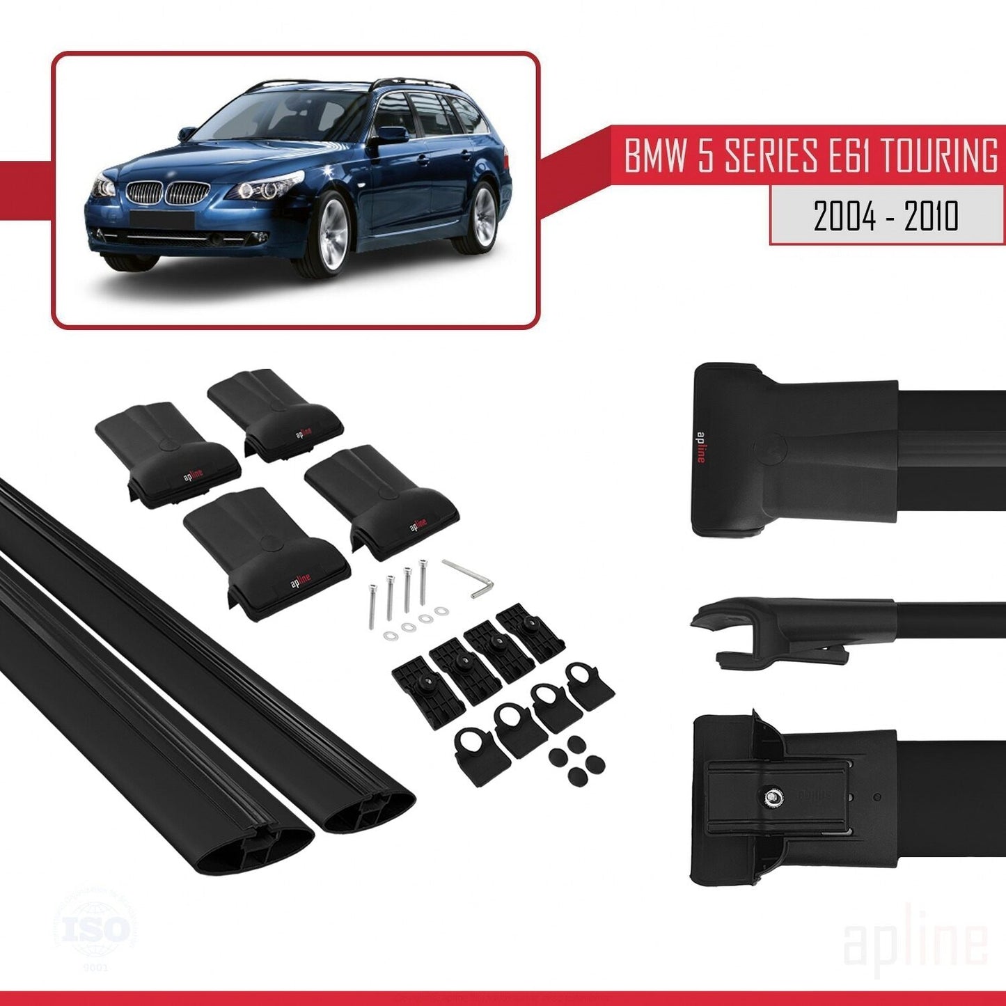 Compatible avec BMW Série 5 (E61) Touring 2004-2010 FLY Model Barres de Toit Railing Porte-Bagages de Voiture Noir Aluminium 2 Barres