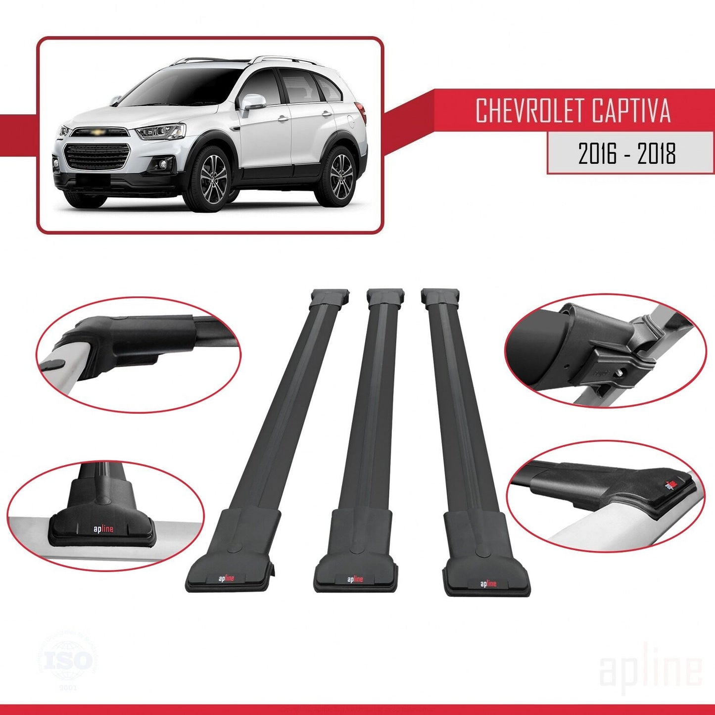 Compatible avec Chevrolet Captiva 2016-2018 FLY Model Barres de Toit Railing Porte-Bagages de Voiture Noir Aluminium 3 Barres