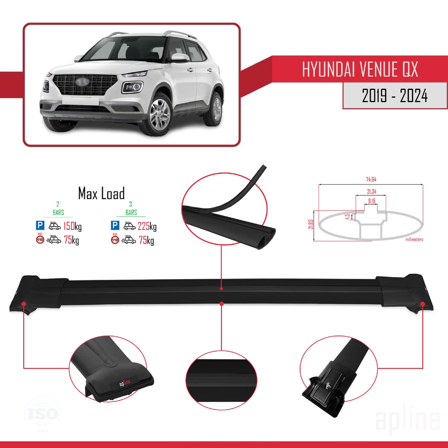 Compatible with Hyundai Venue (QX) 2019-2024 FLY Model Car Roof Rack Cross Bar Black Aluminium 2 Bars
