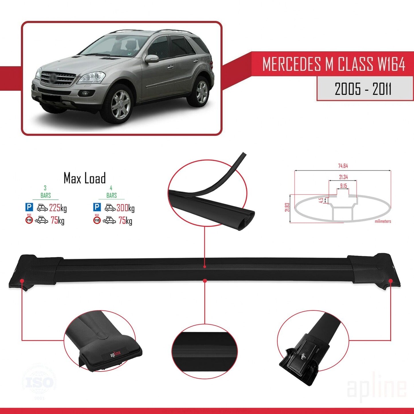 Compatible with Mercedes M Class 2 (W164) 2005-2011 FLY Model Car Roof Rack Cross Bar Black Aluminium 3 Bars