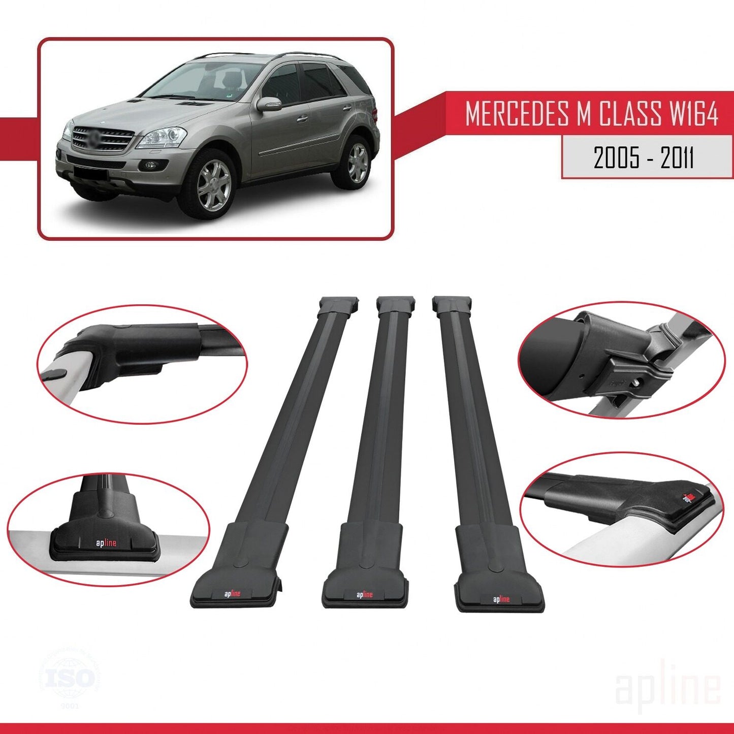 Compatible with Mercedes M Class 2 (W164) 2005-2011 FLY Model Car Roof Rack Cross Bar Black Aluminium 3 Bars