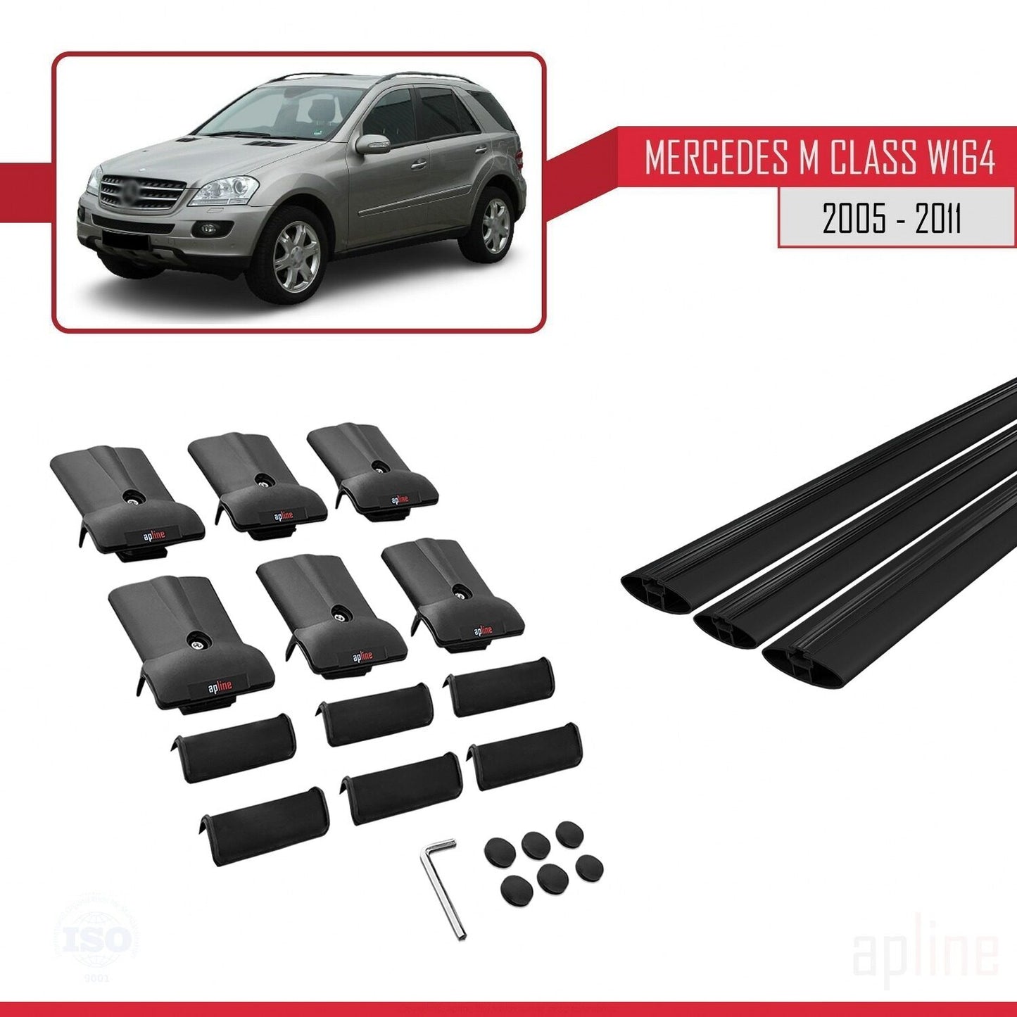 Compatible with Mercedes M Class 2 (W164) 2005-2011 FLY Model Car Roof Rack Cross Bar Black Aluminium 3 Bars