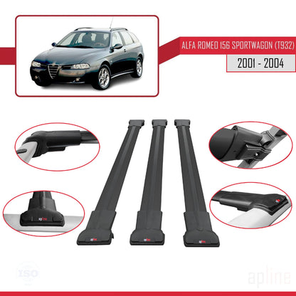 Compatible avec Alfa Romeo 156 (T932) Break 2000-2006 FLY Model Barres de Toit Railing Porte-Bagages de Voiture Noir Aluminium 3 Barres