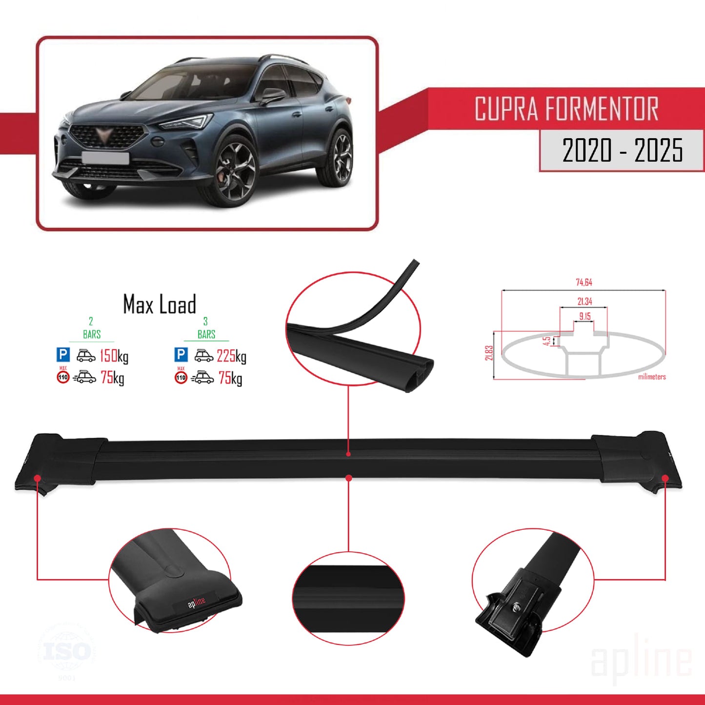 Compatible avec Cupra Formentor 2020-2025 FLY Model Barres de Toit Railing Porte-Bagages de Voiture Noir Aluminium 2 Barres