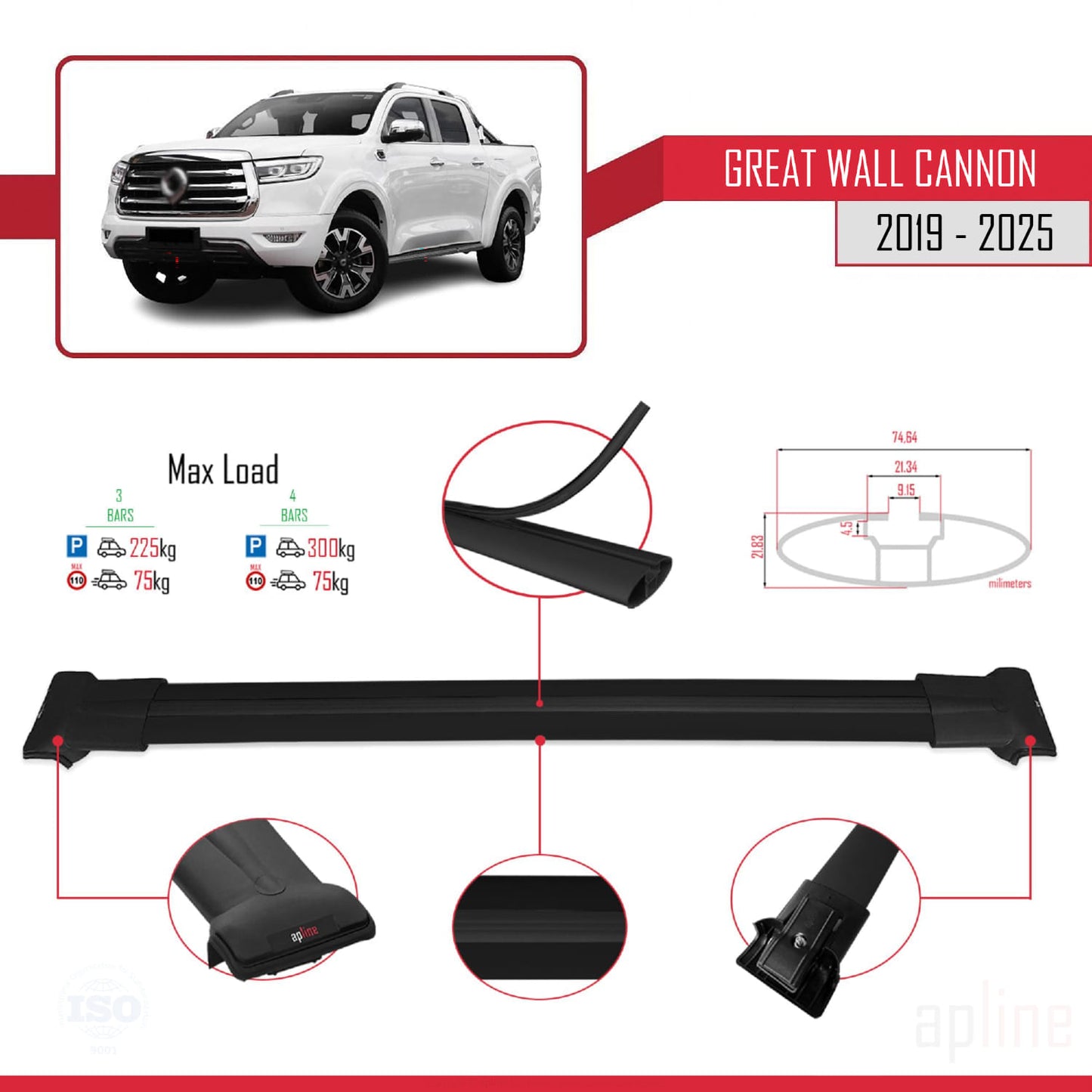 Compatible with Great Wall Cannon 2019-2025 FLY Model Car Roof Rack Cross Bar Black Aluminium 3 Bars