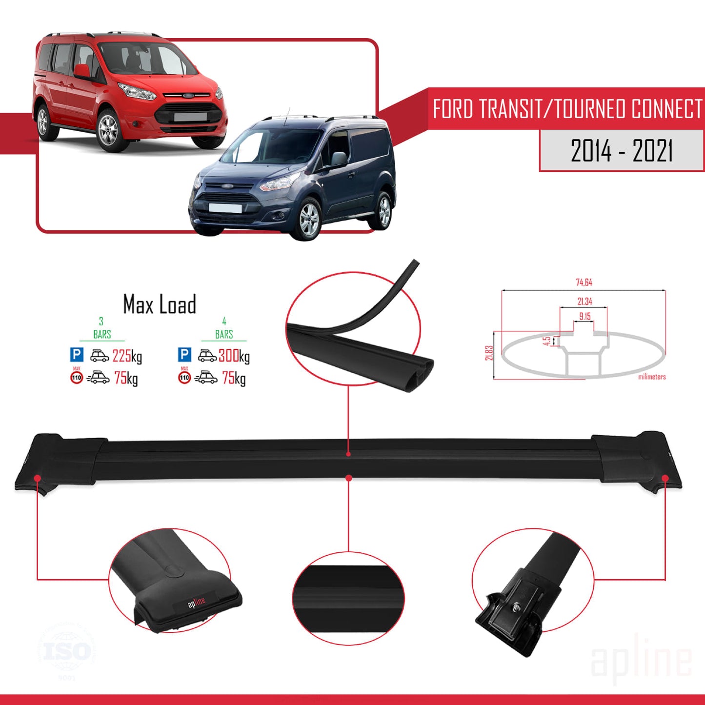 Compatible avec Ford Transit/Tourneo Connect 2 2014-2021 FLY Model Barres de Toit Railing Porte-Bagages de Voiture Noir Aluminium 4 Barres