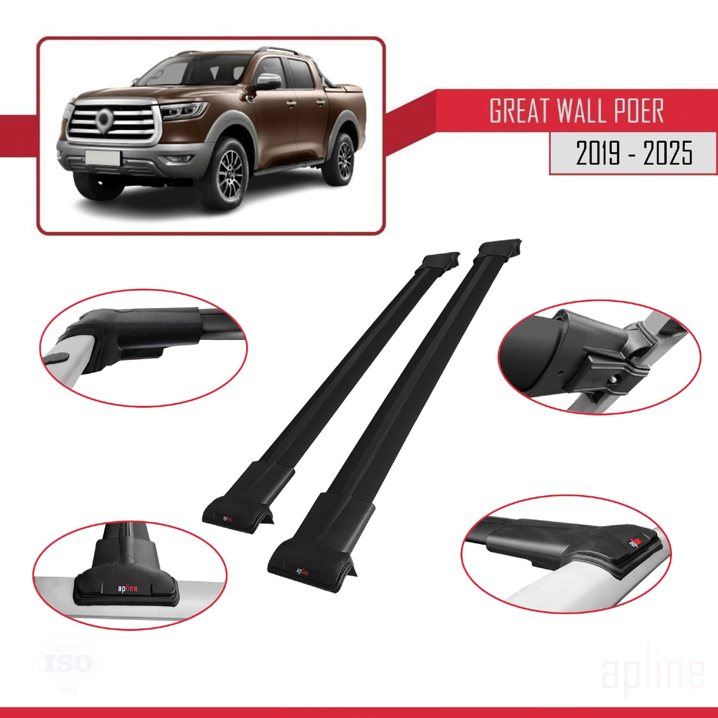 Compatible with Great Wall Poer 2019-2025 FLY Model Car Roof Rack Cross Bar Black Aluminium 2 Bars