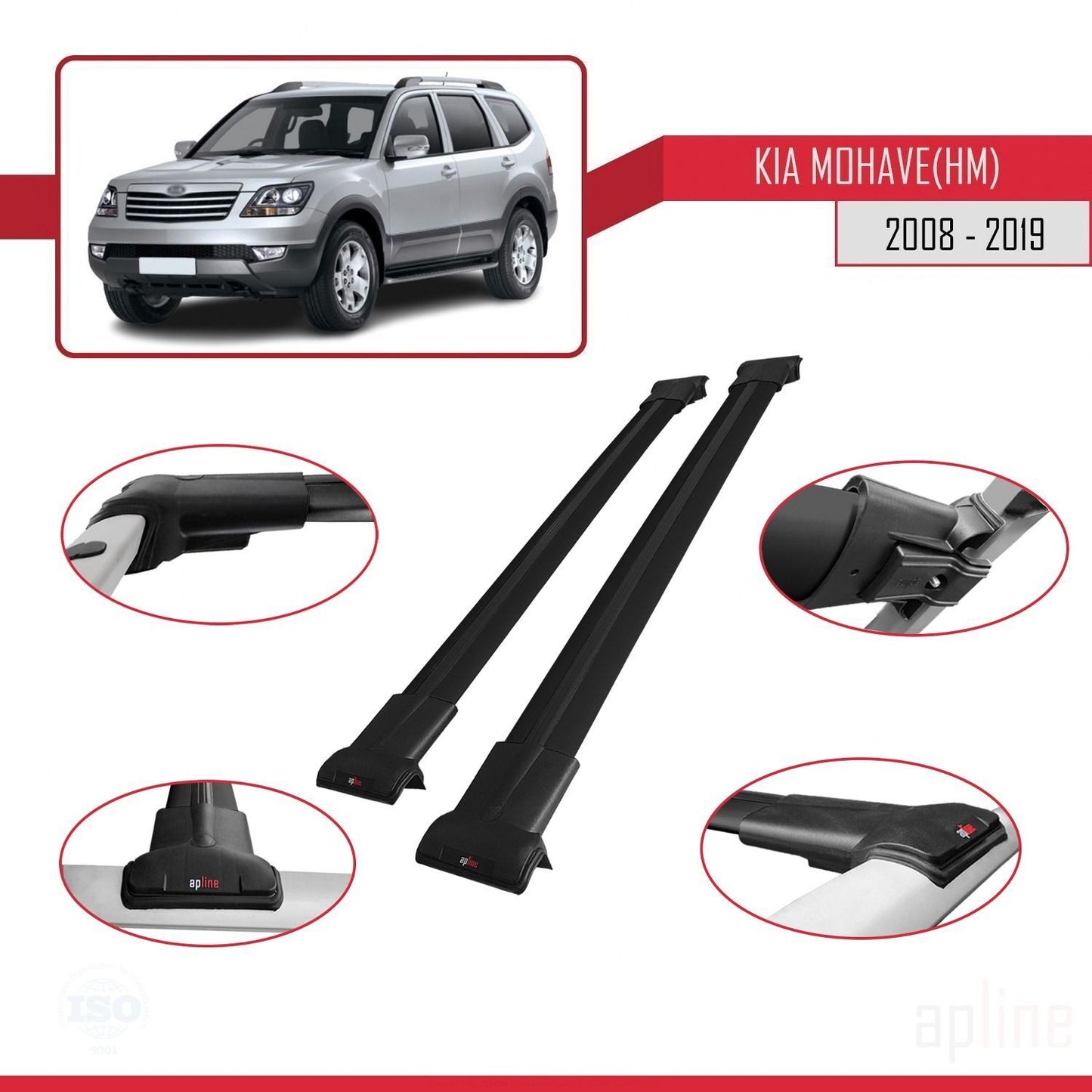 Compatible avec Kia Mohave (HM) 2008-2019 FLY Model Barres de Toit Railing Porte-Bagages de Voiture Noir Aluminium 2 Barres