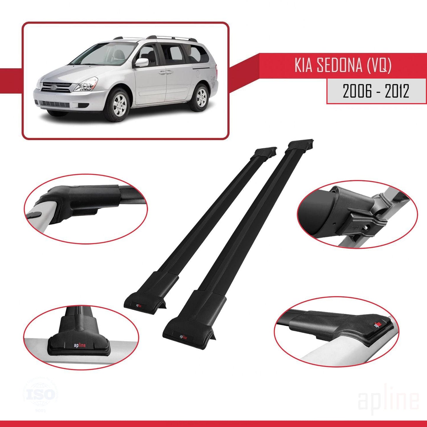 Compatible avec Kia Sedona 2 (VQ) 2006-2012 FLY Model Barres de Toit Railing Porte-Bagages de Voiture Noir Aluminium 2 Barres