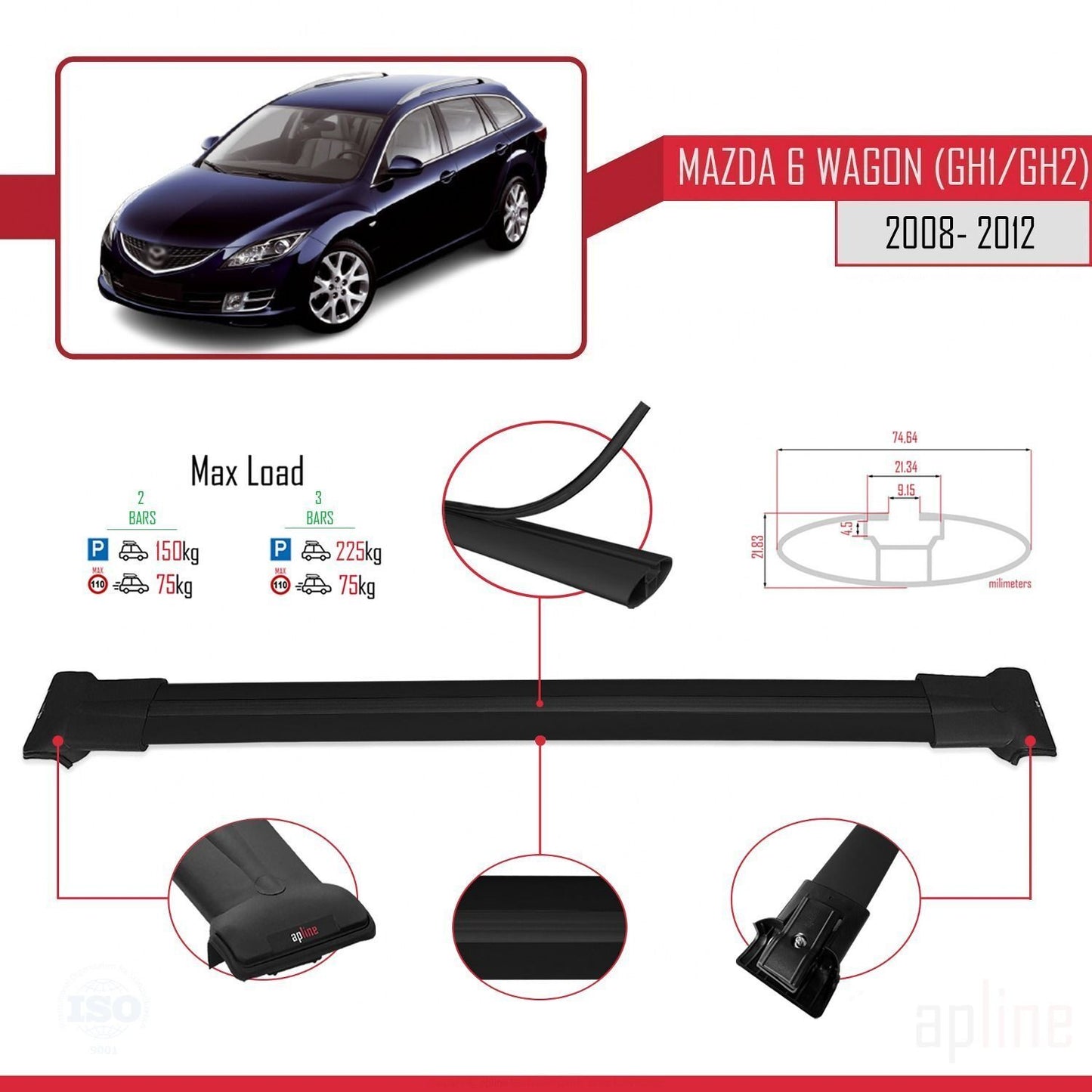 Compatible avec Mazda 6 II (GZ) Wagon 2008-2012 FLY Model Barres de Toit Railing Porte-Bagages de Voiture Noir Aluminium 2 Barres