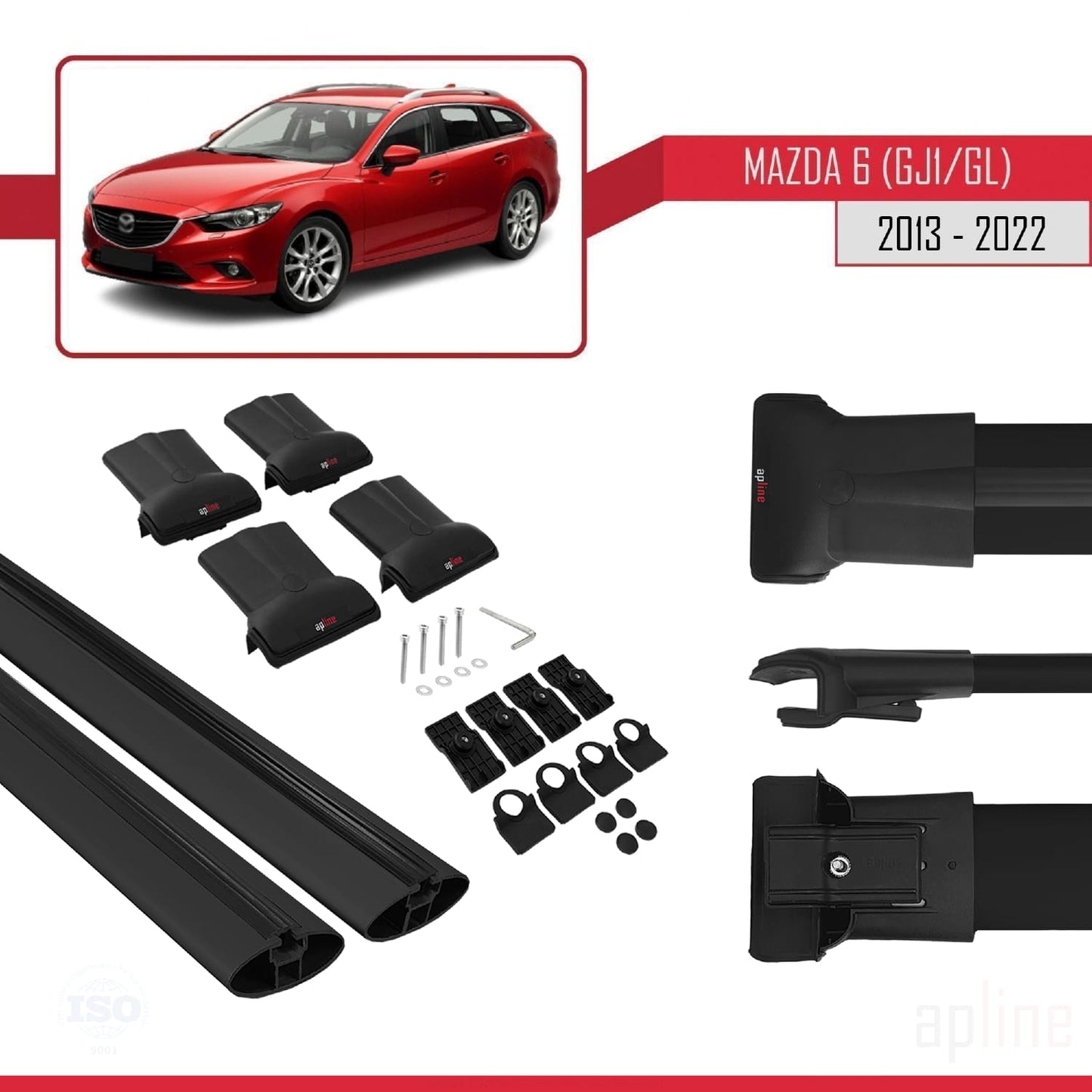 Compatible avec Mazda 6 III (GJ1/GL) 2013-2022 FLY Model Barres de Toit Railing Porte-Bagages de Voiture Noir Aluminium 2 Barres