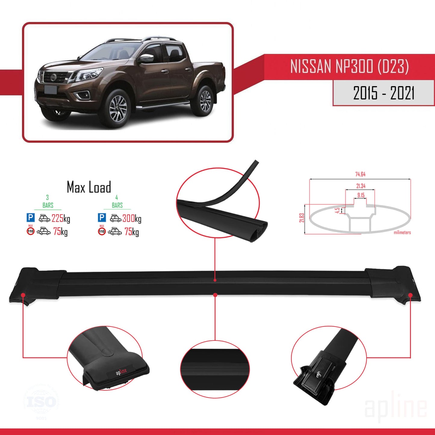 Compatible with Nissan NP300 (D23) 2015-2021 FLY Model Car Roof Rack Cross Bar Black Aluminium 3 Bars