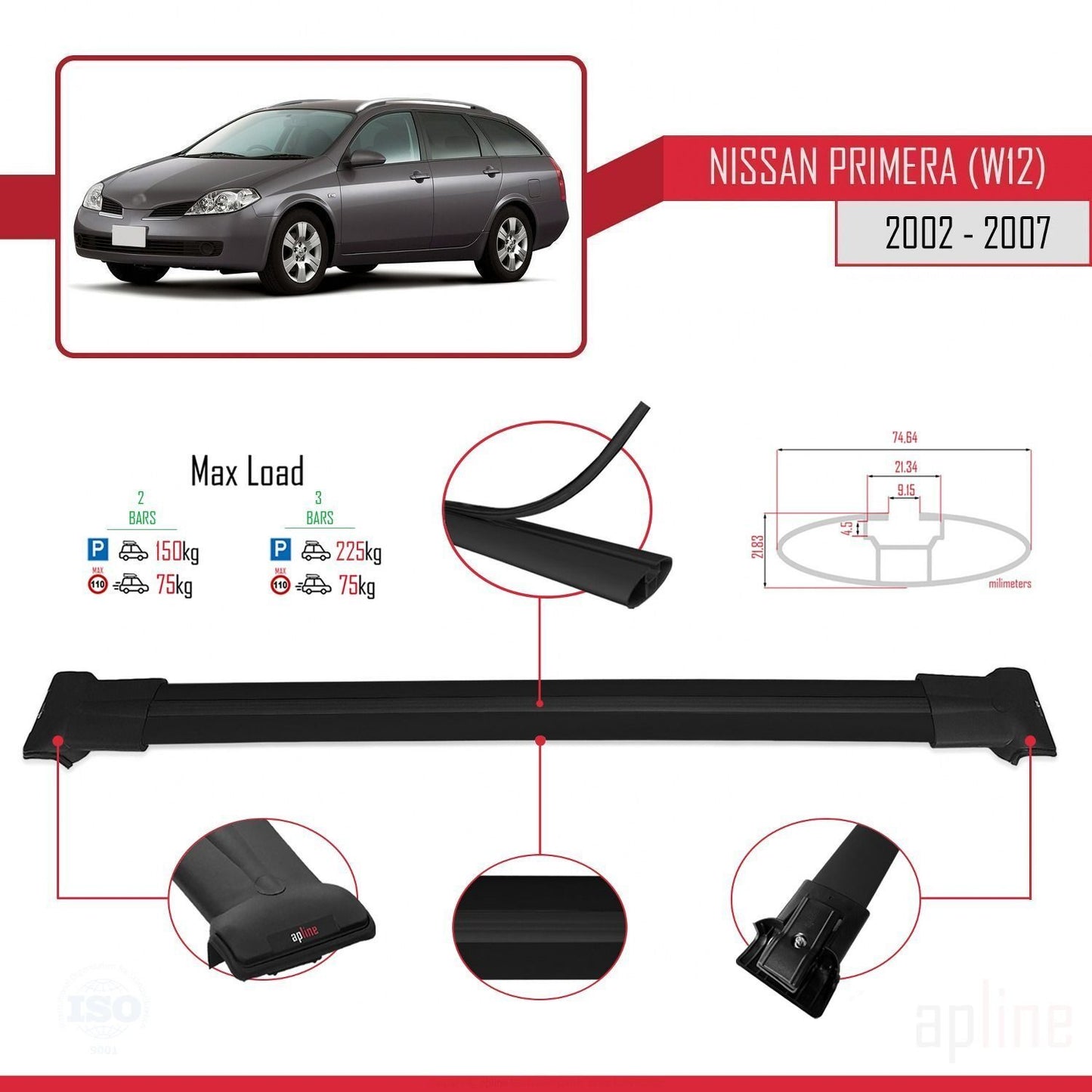 Compatible with Nissan Primera 3 (W12) Traveller 2002-2007 FLY Model Car Roof Rack Cross Bar Black Aluminium 2 Bars