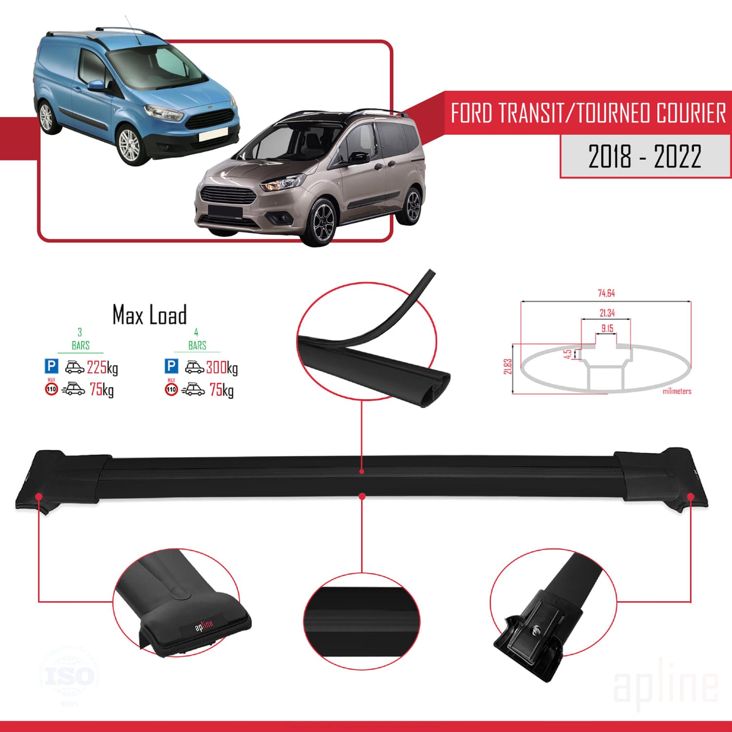 Compatibile con Ford Transit/Tourneo Courier Post-Facelift 2018-2022 modello FLY Barre portatutto per auto Portapacchi in alluminio nero 3 barre