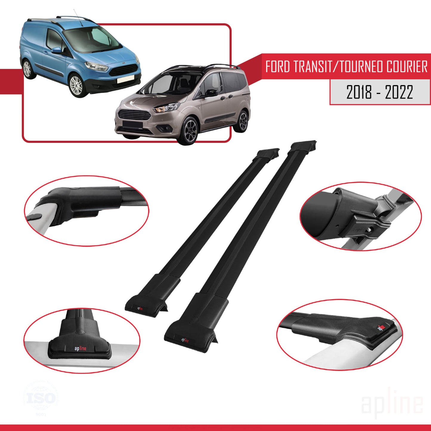 Compatibile con Ford Transit/Tourneo Courier Post-Facelift 2018-2022 modello FLY Barre portatutto per auto Portapacchi in alluminio nero 2 barre