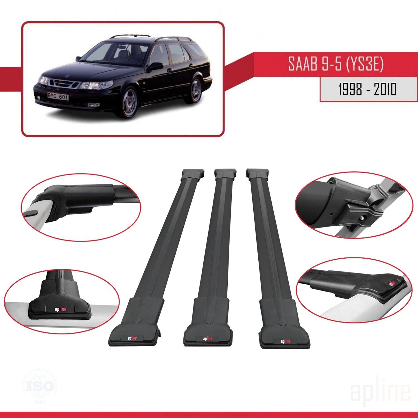 Compatible avec Saab 9-5 (YS3E) Break 1998-2010 FLY Model Barres de Toit Railing Porte-Bagages de Voiture Noir Aluminium 3 Barres