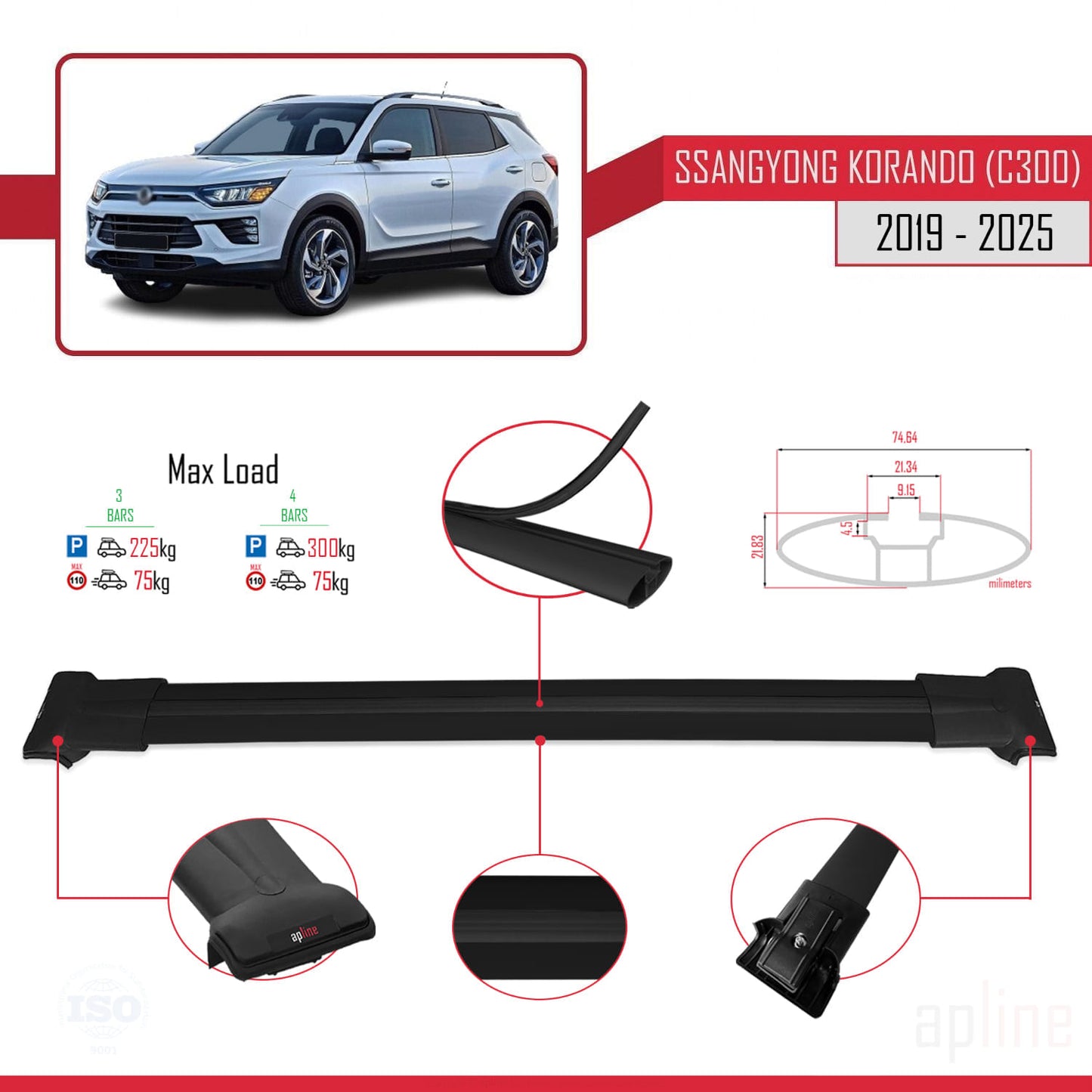 Compatible avec Ssangyong Korando 4 (C300) 2019-2025 FLY Model Barres de Toit Railing Porte-Bagages de Voiture Noir Aluminium 3 Barres