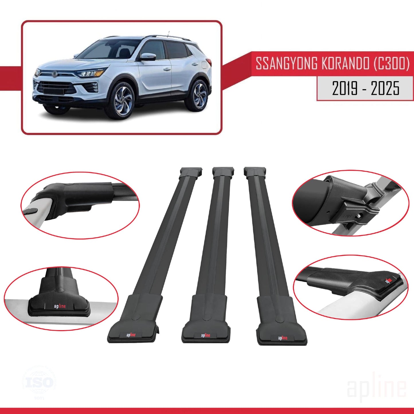 Compatible avec Ssangyong Korando 4 (C300) 2019-2025 FLY Model Barres de Toit Railing Porte-Bagages de Voiture Noir Aluminium 3 Barres