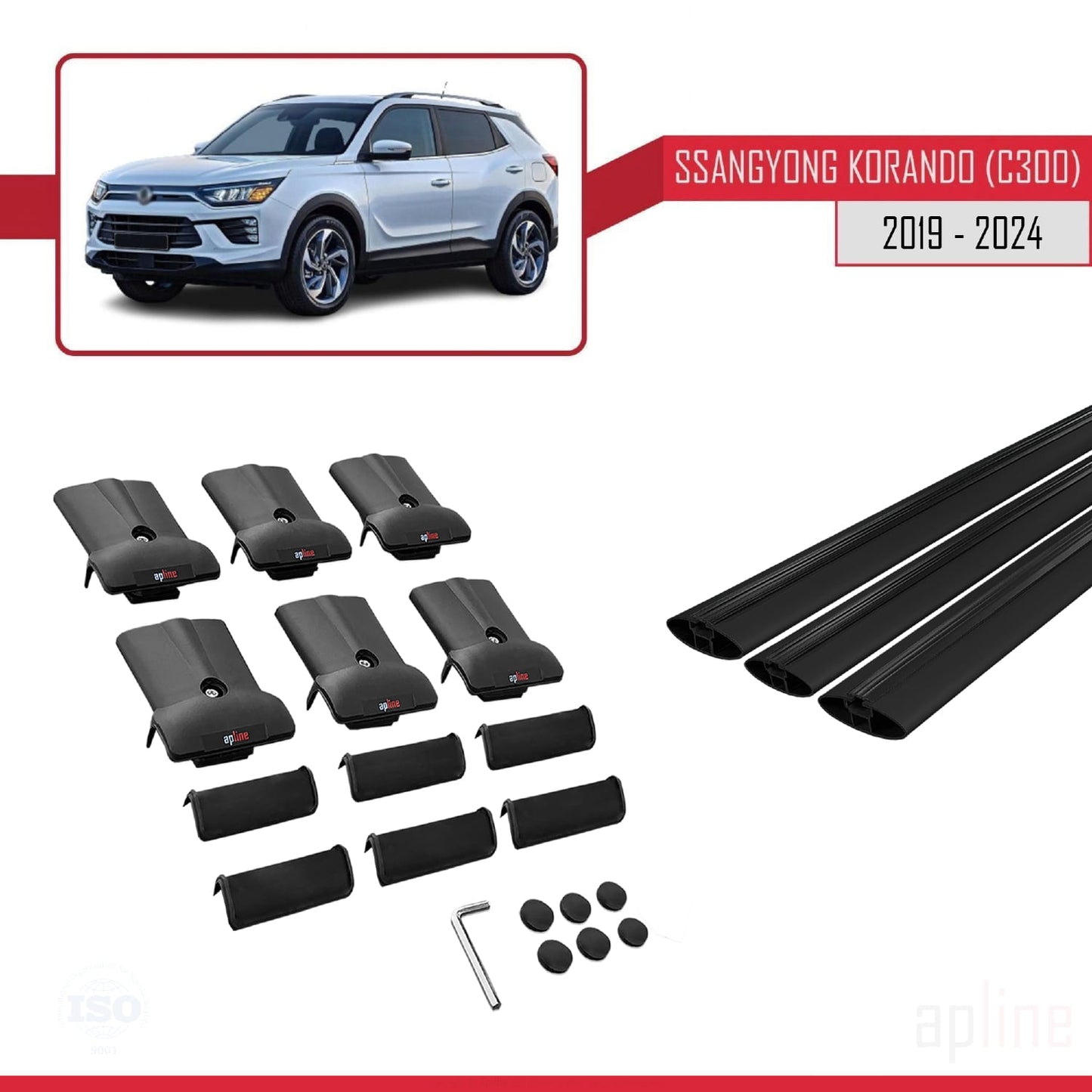 Compatible avec Ssangyong Korando 4 (C300) 2019-2025 FLY Model Barres de Toit Railing Porte-Bagages de Voiture Noir Aluminium 3 Barres