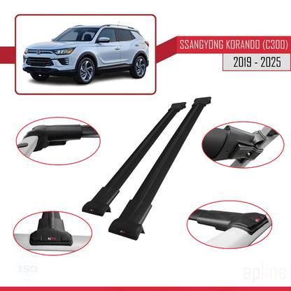 Compatible avec Ssangyong Korando 4 (C300) 2019-2025 FLY Model Barres de Toit Railing Porte-Bagages de Voiture Noir Aluminium 2 Barres