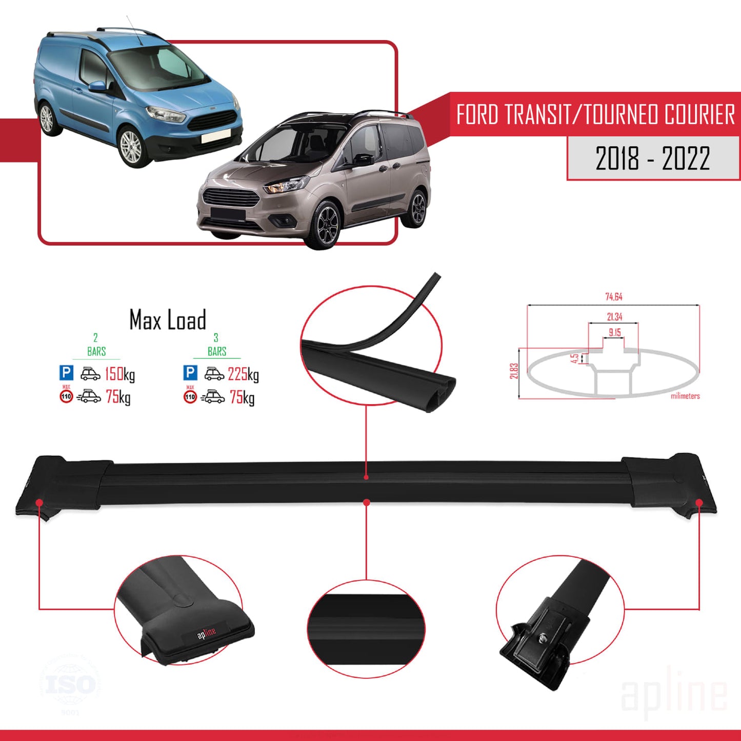 Compatibile con Ford Transit/Tourneo Courier Post-Facelift 2018-2022 modello FLY Barre portatutto per auto Portapacchi in alluminio nero 2 barre
