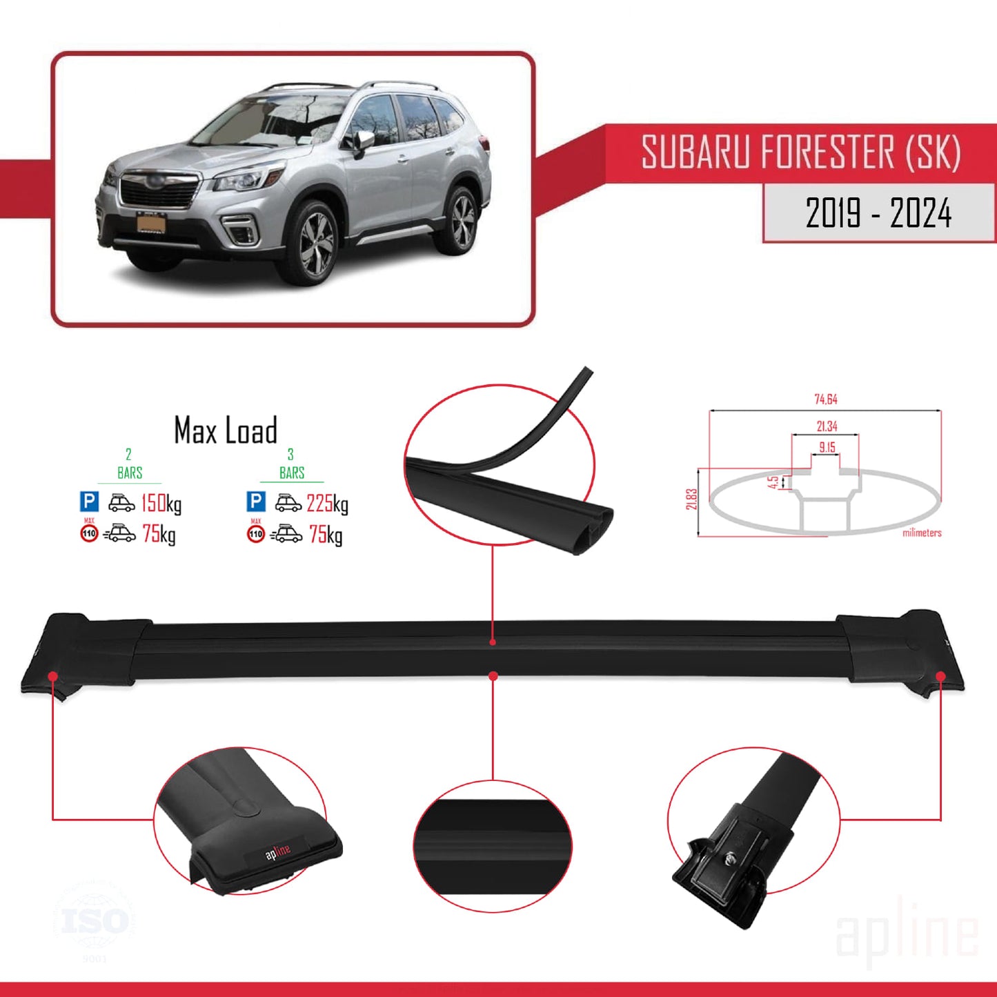 Compatible avec Subaru Forester 5 (SK) 2019-2024 FLY Model Barres de Toit Railing Porte-Bagages de Voiture Noir Aluminium 2 Barres