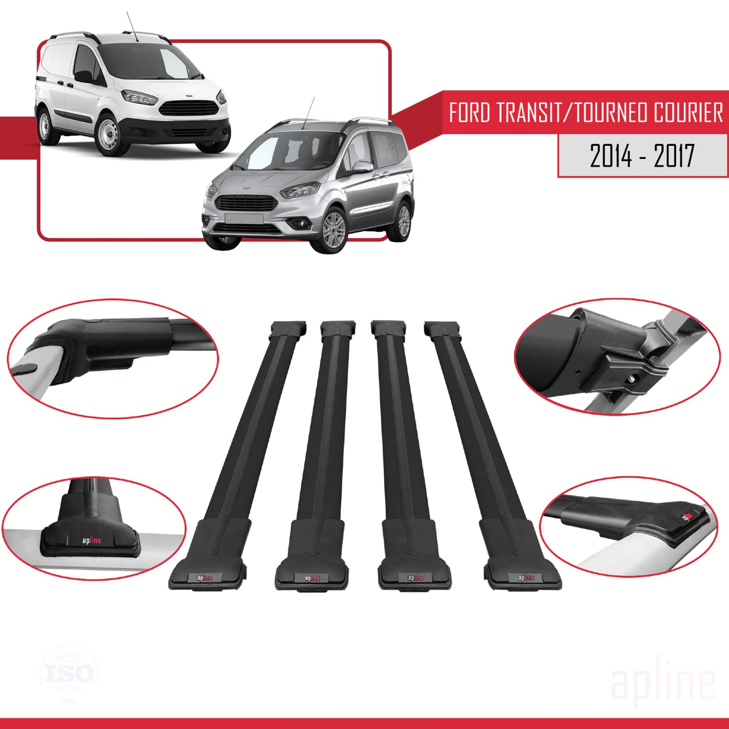 Compatible with Ford Transit/Tourneo Courier Pre-Facelift 2014-2017 FLY Model Car Roof Rack Cross Bar Black Aluminium 4 Bars